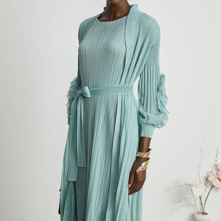 Cynthia Mint Green Dress Coat Set Knitted Pleated Elasticated Cuffs