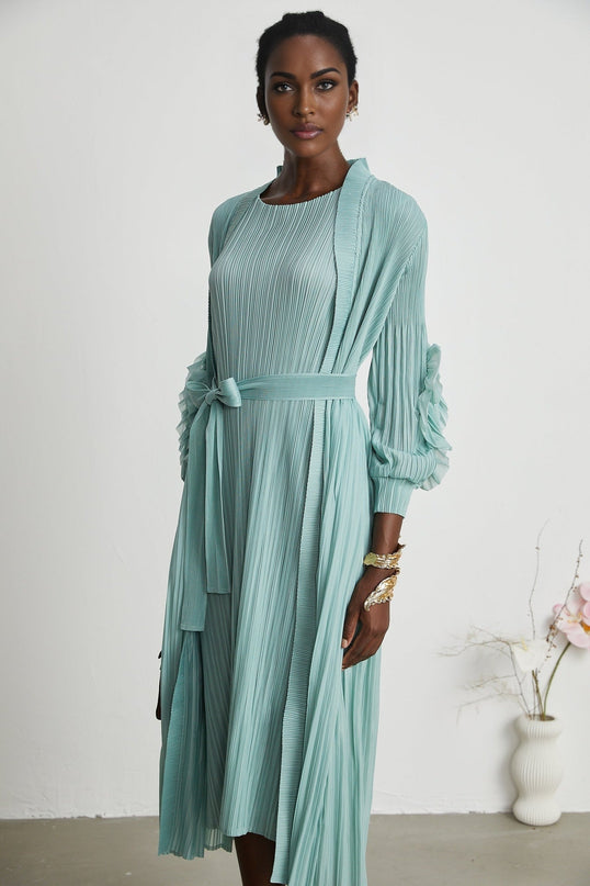Cynthia Mint Green Dress Coat Set Knitted Pleated Elasticated Cuffs