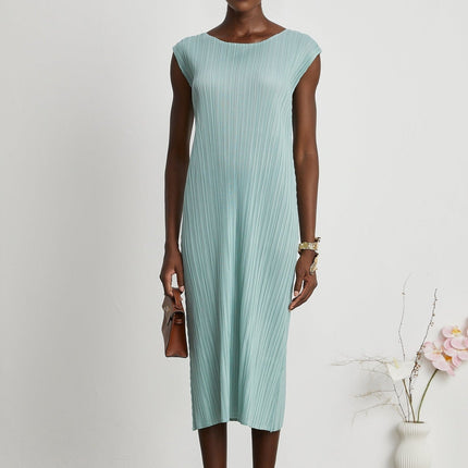 Cynthia Mint Green Dress Coat Set Stretch Jersey Fabric Pleated Detailing Faux-Flower Design Sleeveless Silhouette Knitted Construction Midi Length Elasticated Cuffs Modern Sophistication Impeccable Style