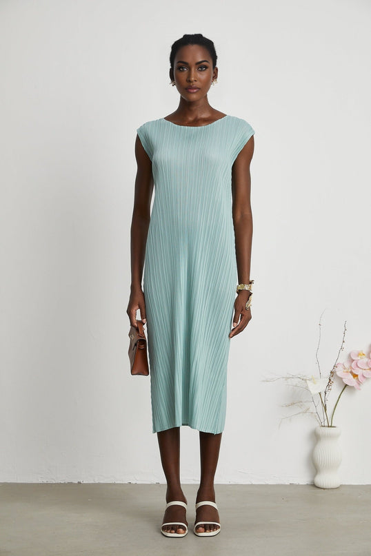 Cynthia Mint Green Dress Coat Set Stretch Jersey Fabric Pleated Detailing Faux-Flower Design Sleeveless Silhouette Knitted Construction Midi Length Elasticated Cuffs Modern Sophistication Impeccable Style
