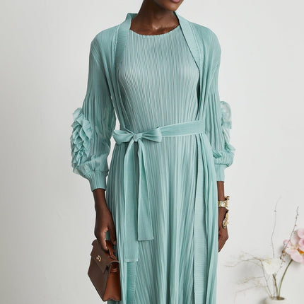 Cynthia Mint Green Dress Coat Set Knitted Pleated Elasticated Cuffs