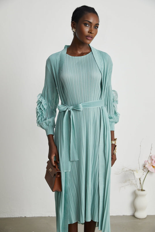 Cynthia Mint Green Dress Coat Set Knitted Pleated Elasticated Cuffs