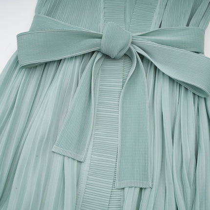 Cynthia Mint Green Dress and Coat Set Stretch Jersey Fabric Pleated Detailing Faux Flower Design Sleeveless Silhouette Knitted Construction Midi Length Elasticated Cuffs