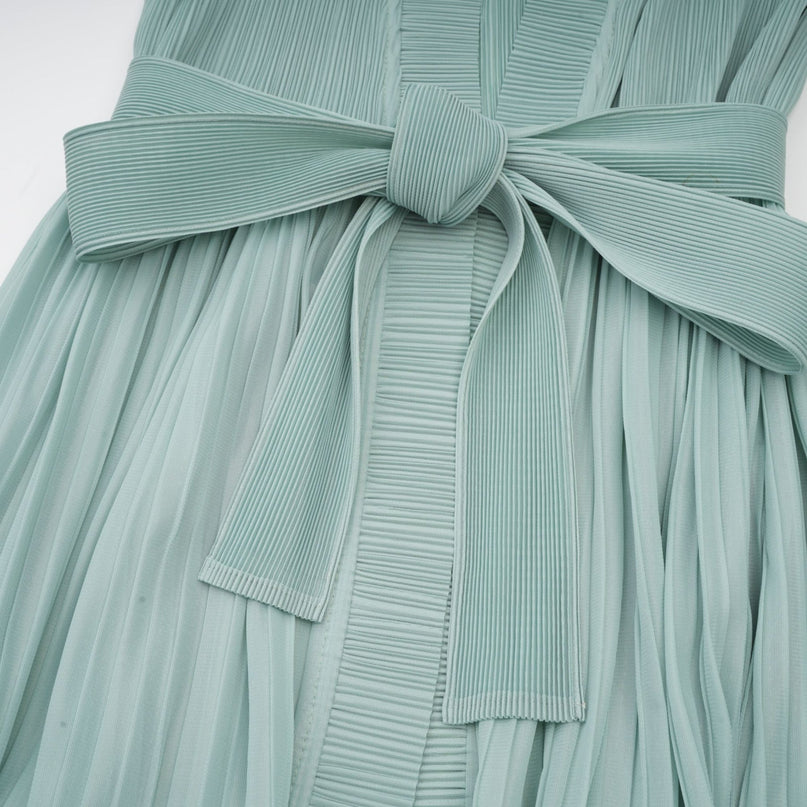 Cynthia Mint Green Dress and Coat Set Stretch Jersey Fabric Pleated Detailing Faux Flower Design Sleeveless Silhouette Knitted Construction Midi Length Elasticated Cuffs