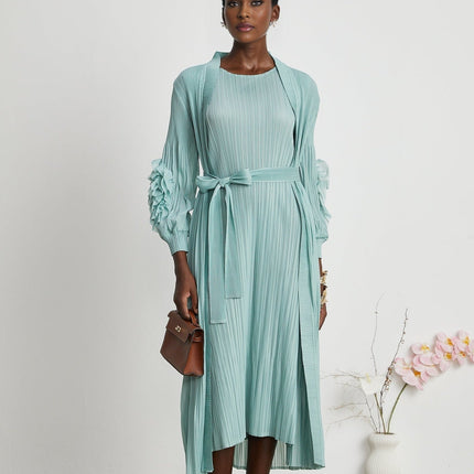 Cynthia Mint Green Dress Coat Set Stretch Jersey Fabric Pleated Detailing Faux Flower Design Sleeveless Silhouette Knitted Construction Midi Length Elasticated Cuffs Modern Sophistication Impeccable Style