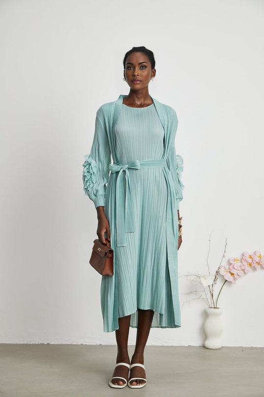 Cynthia Mint Green Dress Coat Set Stretch Jersey Fabric Pleated Detailing Faux Flower Design Sleeveless Silhouette Knitted Construction Midi Length Elasticated Cuffs Modern Sophistication Impeccable Style