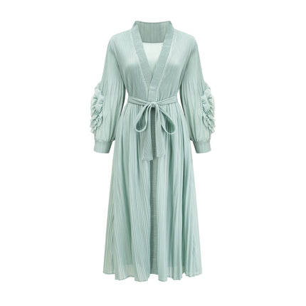 Cynthia Mint Green Dress Coat Set Stretch Jersey Pleated Faux-Flower Design Sleeveless Knitted Construction Midi Length Elasticated Cuffs