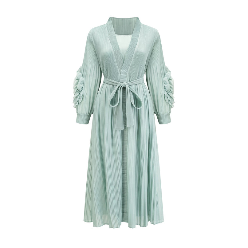 Cynthia Mint Green Dress Coat Set Stretch Jersey Pleated Faux-Flower Design Sleeveless Knitted Construction Midi Length Elasticated Cuffs