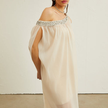 Cynthia Neutrals Sleeveless Midi Dress with Crystal Embellishments