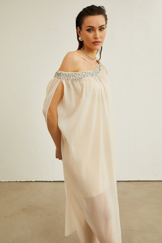 Cynthia Neutrals Sleeveless Midi Dress with Crystal Embellishments