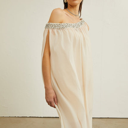 Cynthia Neutrals Sleeveless Midi Dress with Crystal Embellishments
