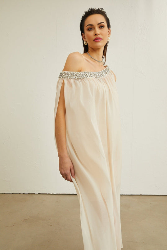 Cynthia Neutrals Sleeveless Midi Dress with Crystal Embellishments