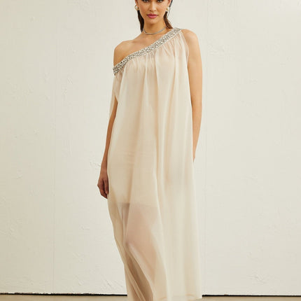 Cynthia Neutrals Sleeveless Midi Dress with Crystal Embellishments