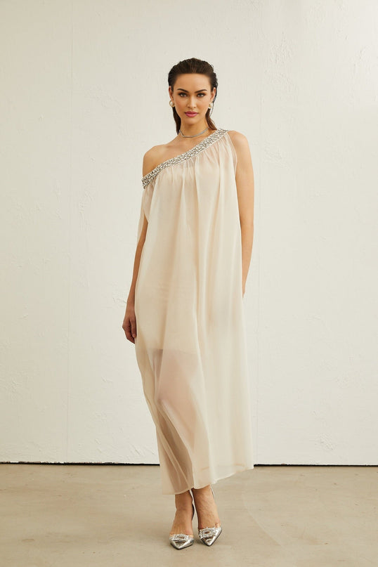 Cynthia Neutrals Sleeveless Midi Dress with Crystal Embellishments