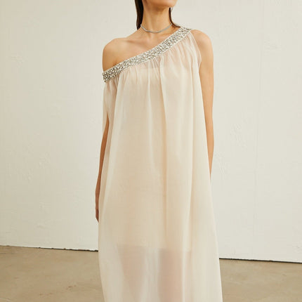 Cynthia Neutrals Sleeveless Midi Dress with Pleated Detailing and Crystal Embellishments