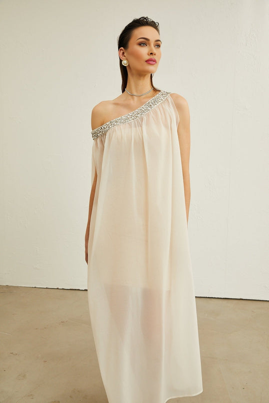 Cynthia Neutrals Sleeveless Midi Dress with Pleated Detailing and Crystal Embellishments