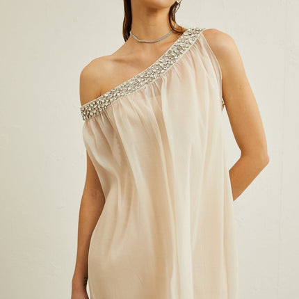 Cynthia Neutrals Sleeveless Midi Dress with Pleated Detailing and Crystal Embellishments