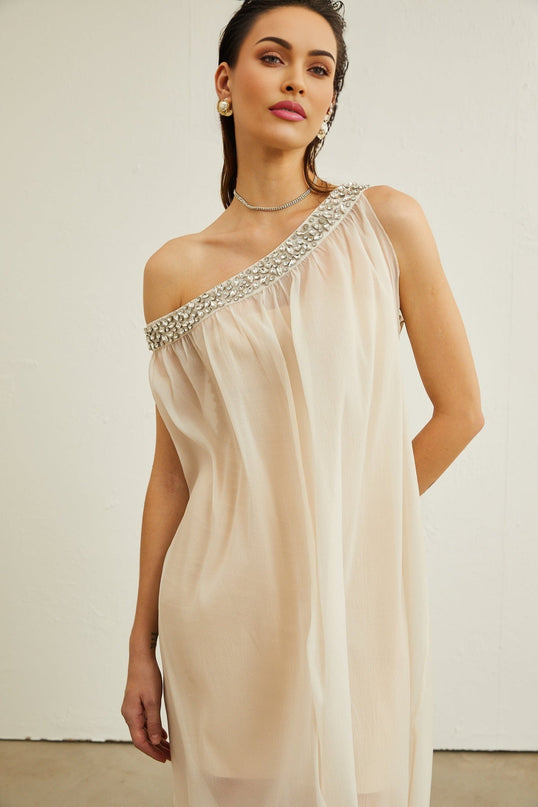 Cynthia Neutrals Sleeveless Midi Dress with Pleated Detailing and Crystal Embellishments