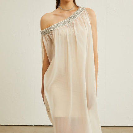 Cynthia Neutrals Sleeveless Midi Dress with Pleated Detailing and Crystal Embellishments