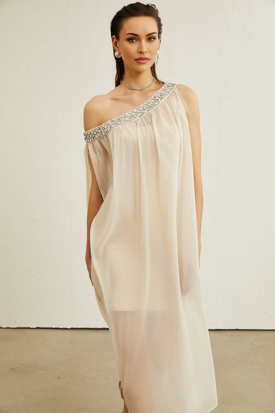 Cynthia Neutrals Sleeveless Midi Dress with Pleated Detailing and Crystal Embellishments