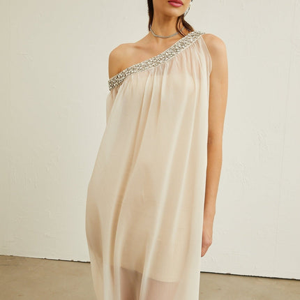 Cynthia Neutrals Sleeveless Midi Dress with Pleated Detailing and Crystal Embellishments