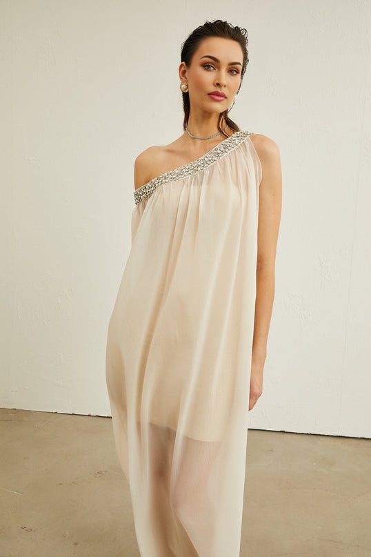 Cynthia Neutrals Sleeveless Midi Dress with Pleated Detailing and Crystal Embellishments