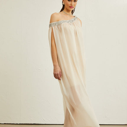 Cynthia Neutrals Sleeveless Midi Dress with Pleated Detailing and Crystal Embellishments