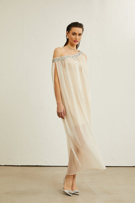 Cynthia Neutrals Sleeveless Midi Dress with Pleated Detailing and Crystal Embellishments