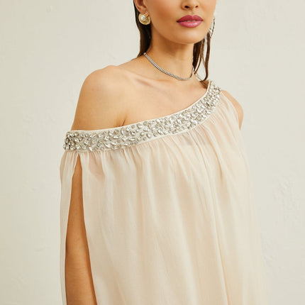 Cynthia Neutrals Sleeveless Midi Dress pleated crystal embellishments mono shoulder silhouette upscale event lined midi length 59% polyester 41% viscose