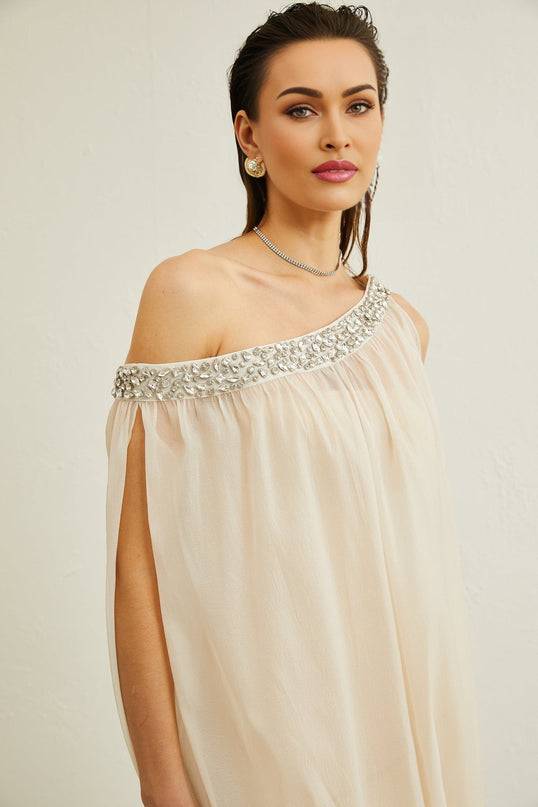 Cynthia Neutrals Sleeveless Midi Dress pleated crystal embellishments mono shoulder silhouette upscale event lined midi length 59% polyester 41% viscose