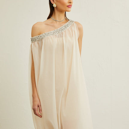 Cynthia Neutrals Sleeveless Midi Dress with Pleated Detailing and Crystal Embellishments