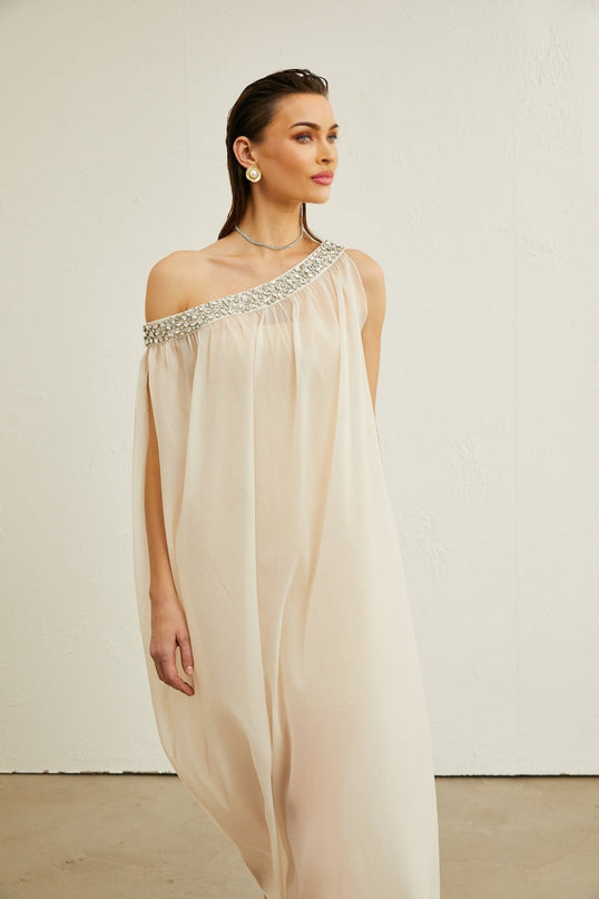 Cynthia Neutrals Sleeveless Midi Dress with Pleated Detailing and Crystal Embellishments
