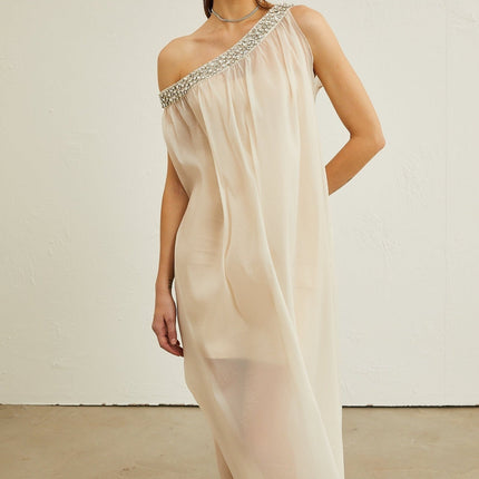 Cynthia Neutrals Sleeveless Midi Dress with Pleated Detailing and Crystal Embellishments