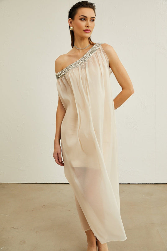 Cynthia Neutrals Sleeveless Midi Dress with Pleated Detailing and Crystal Embellishments