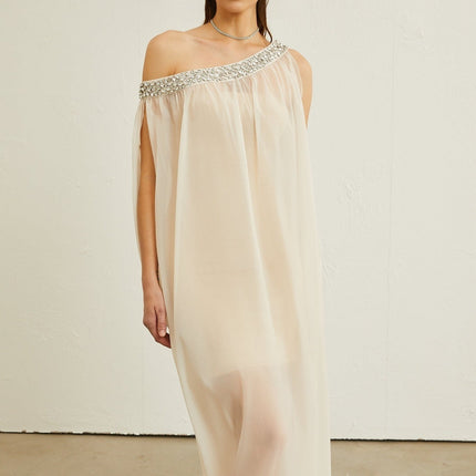 Cynthia Neutrals Sleeveless Midi Dress with Pleated Detailing and Crystal Embellishments