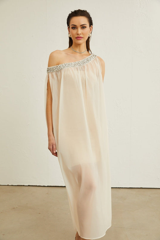 Cynthia Neutrals Sleeveless Midi Dress with Pleated Detailing and Crystal Embellishments