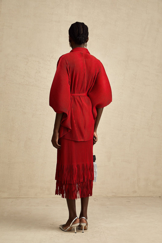 Cyrielle red pleated jacket  skirt matching set