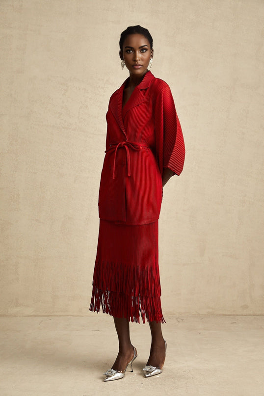 Cyrielle red pleated jacket  skirt matching set