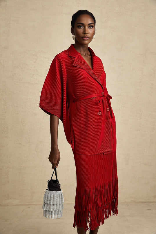 Cyrielle red pleated jacket  skirt matching set