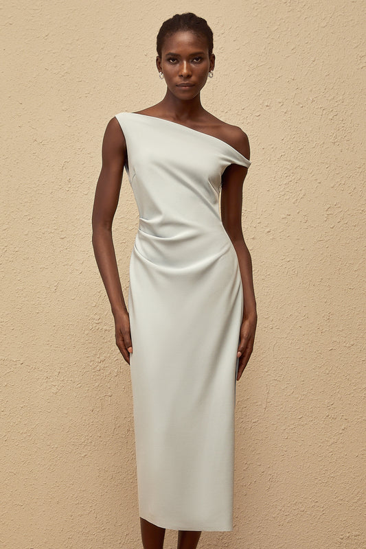 Dagny Blue One Shoulder Gathered Midi Dress