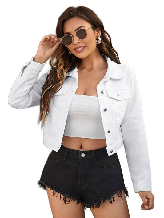 Dahlia Cropped Denim Jacket for Trendy Looks in White - White