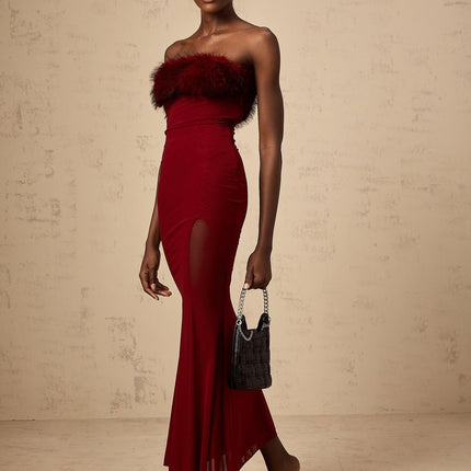 Dahlia Red Mesh Off-Shoulder Ankle-Length Semi-Sheer Faux-Fur Layered Fitted Silhouette Dress