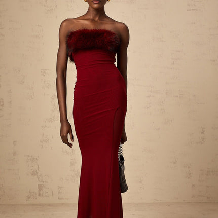 Dahlia Red Mesh Off-Shoulder Ankle-Length Semi-Sheer Faux-Fur Layered Fitted Silhouette Dress