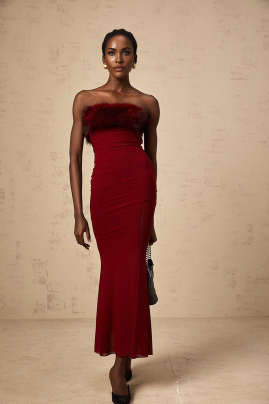 Dahlia Red Mesh Off-Shoulder Ankle-Length Semi-Sheer Faux-Fur Layered Fitted Silhouette Dress