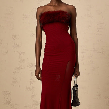 Dahlia Red Mesh Off-Shoulder Ankle-Length Midi Dress