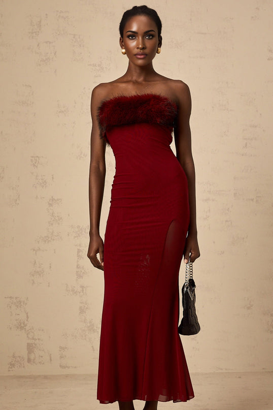 Dahlia Red Mesh Off-Shoulder Ankle-Length Midi Dress