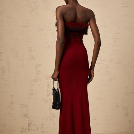 Dahlia Red Mesh Off-Shoulder Ankle-Length Semi-Sheer Faux-Fur Layered Fitted Silhouette Midi Dress