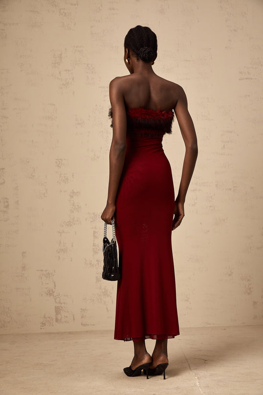 Dahlia Red Mesh Off-Shoulder Ankle-Length Semi-Sheer Faux-Fur Layered Fitted Silhouette Midi Dress