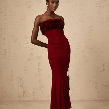 Dahlia Red Mesh Off-Shoulder Ankle-Length Semi-Sheer Faux-Fur Layered Fitted Silhouette Dress
