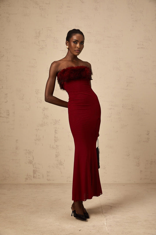 Dahlia Red Mesh Off-Shoulder Ankle-Length Semi-Sheer Faux-Fur Layered Fitted Silhouette Dress
